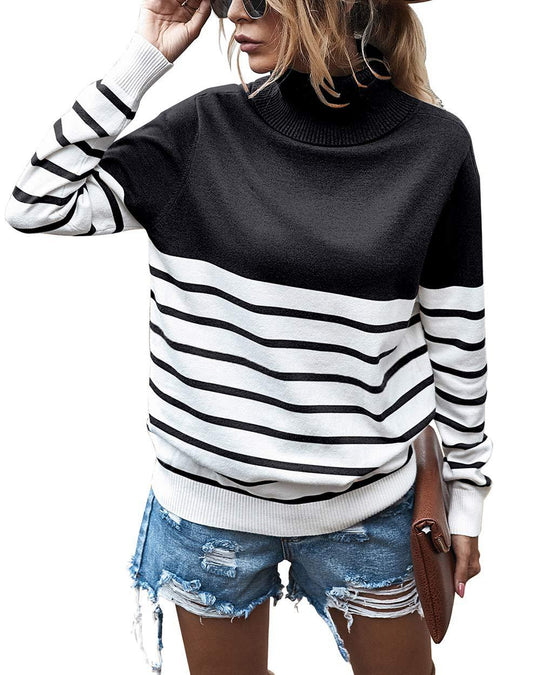 Damen gemütlicher Rollkragenpullover mit Streifenmuster EB