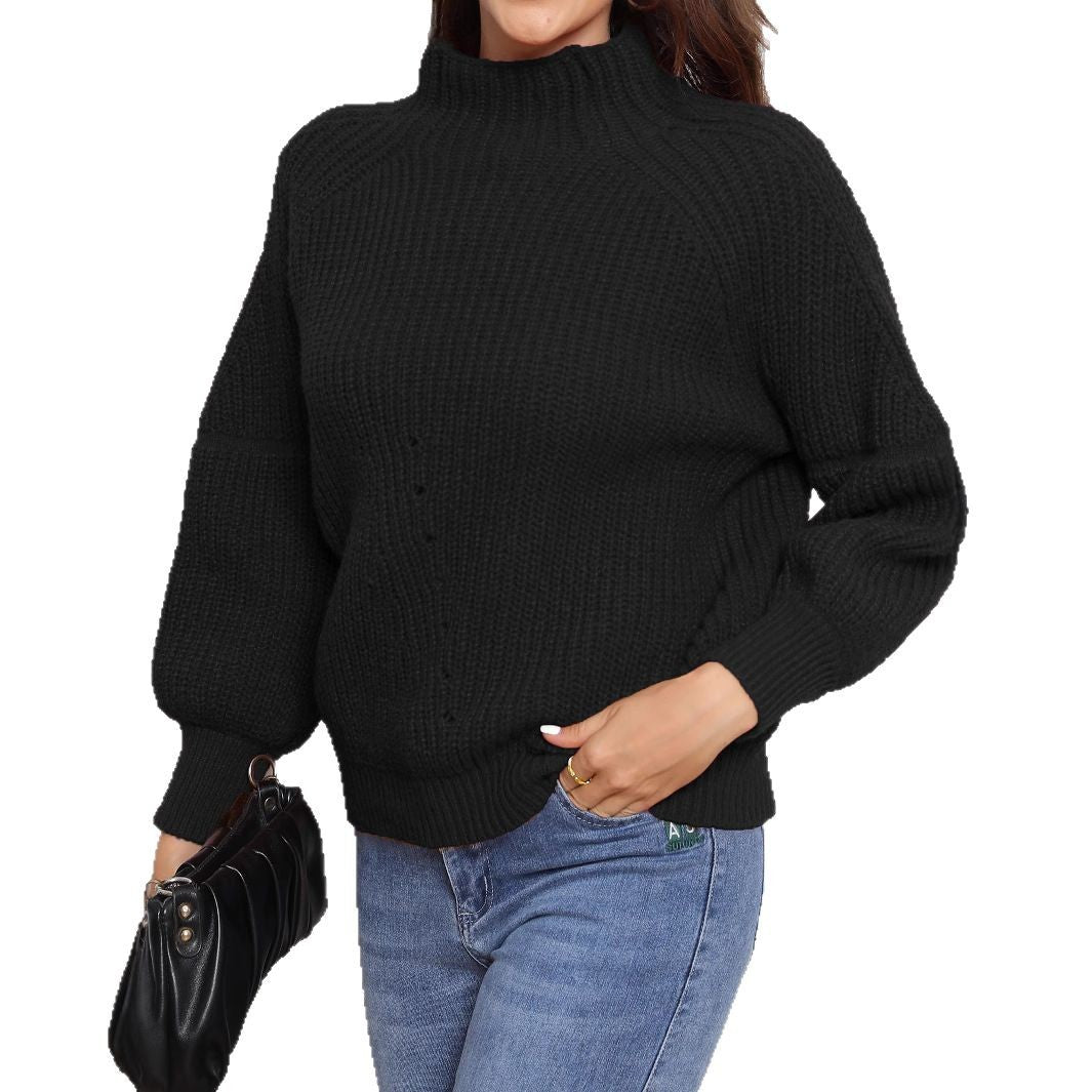 Damen Strickpullover mit hohem Kragen und femininen Puffärmeln EB