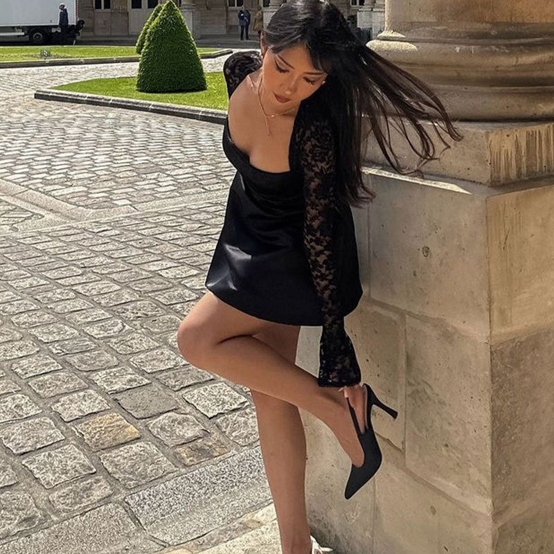 Damen Elegantes Kleid mit Spitzenärmel und fließendem Rock EB