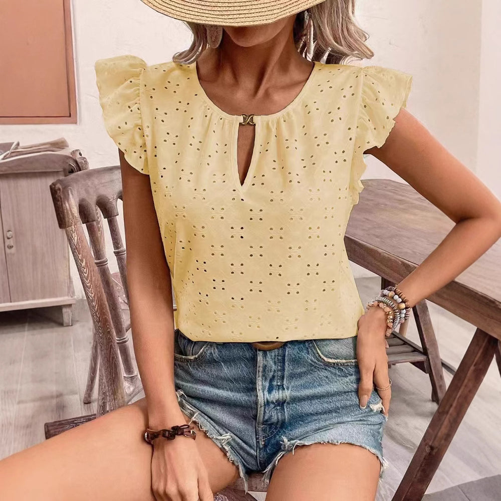 Damen Bluse mit Rüschendetails und verspieltem Lochmuster EB