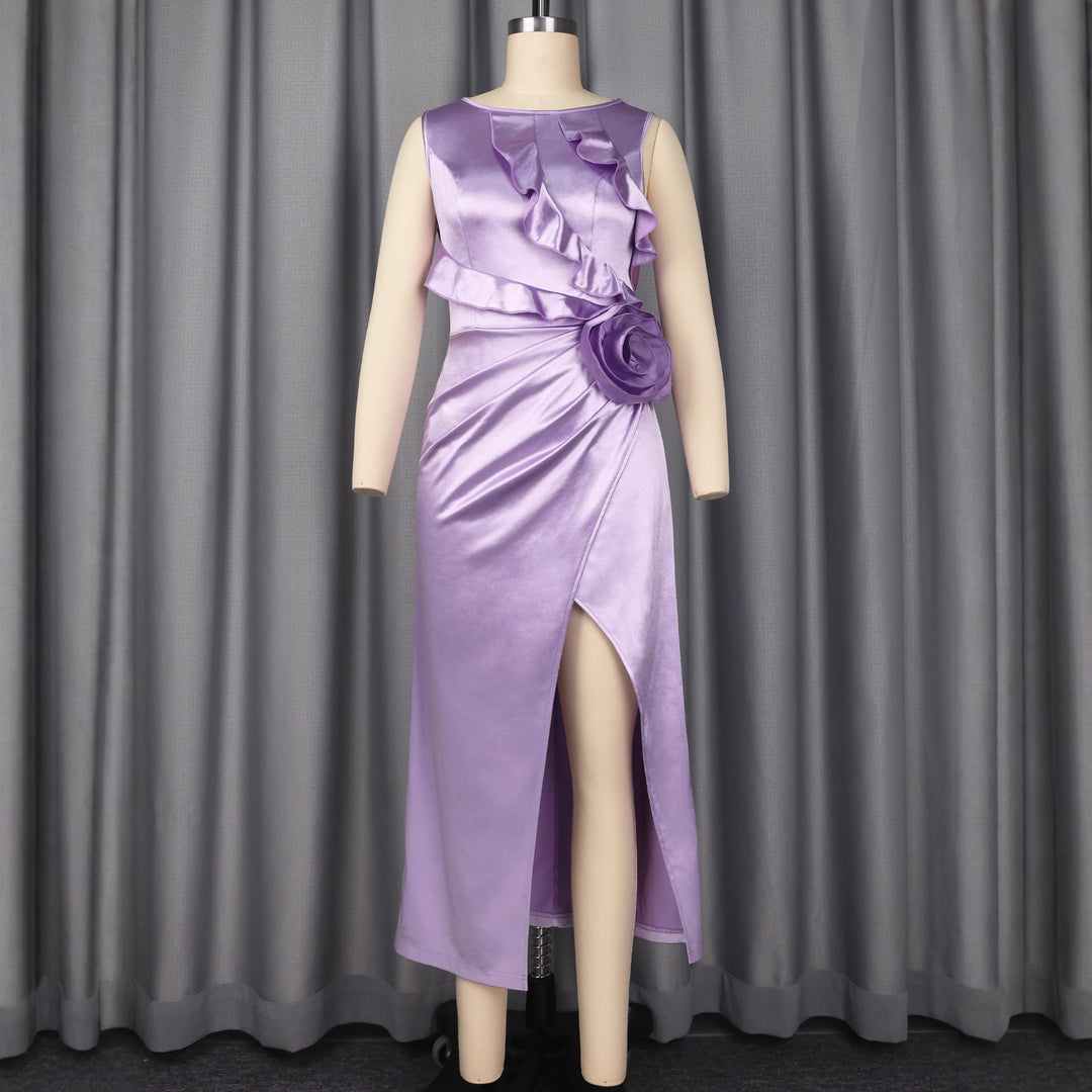 Damen Elegantes Satin Abendkleid mit Rüschendetails und seitlichem Schlitz EB
