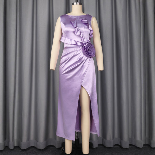Damen Elegantes Satin Abendkleid mit Rüschendetails und seitlichem Schlitz EB