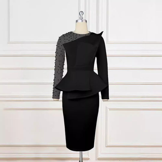 Damen Etuikleid mit transparenten Puffärmeln und dekorativem Peplum EB