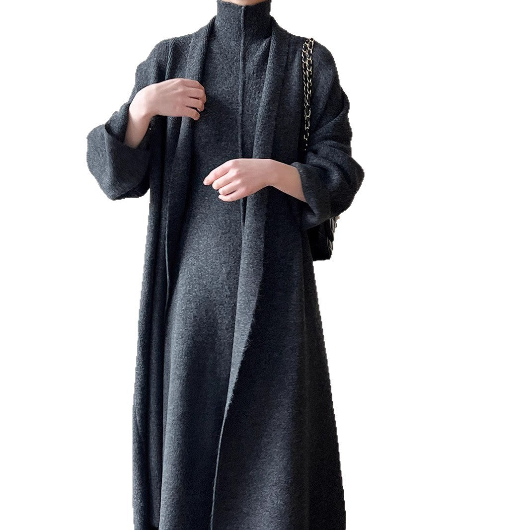 Damen Langer Strickmantel mit hohem Kragen und elegantem Schnitt EB