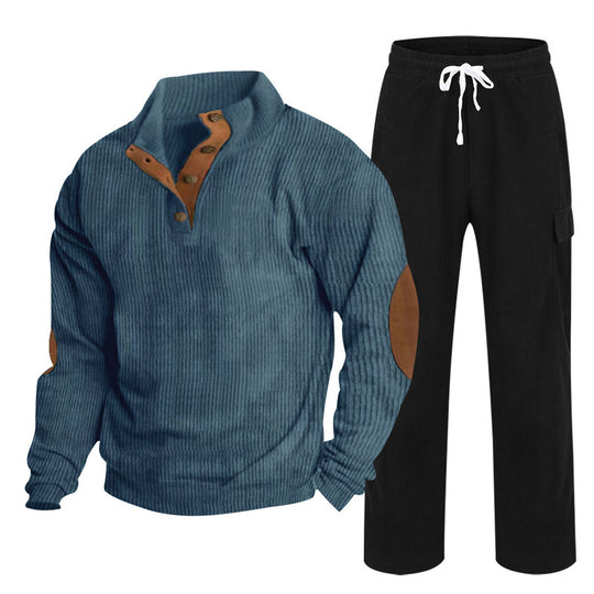 Herren nan Strick-Freizeitset mit Knopfleiste und Ellenbogenaufnähern sowie Cord-Cargohose EB