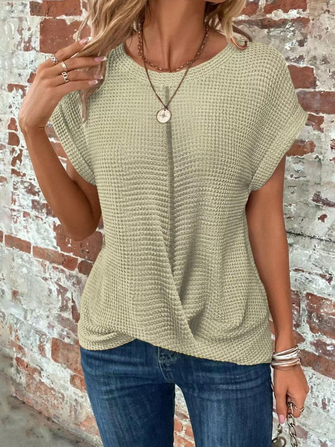 Damen lässiges Waffelpullover mit weichem Stoff und eleganten Ärmeln EB