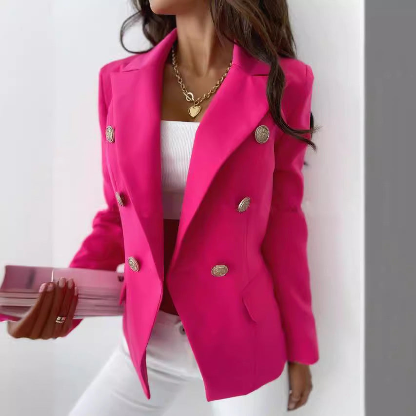 Damen nan Doppelreihiger Blazer mit Reverskragen, Strukturierter Passform und Zierknöpfen EB