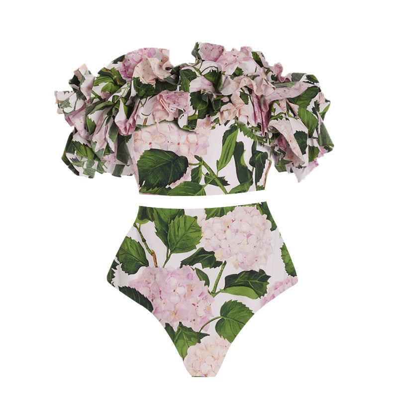 Damen Einteiler Badeanzug mit voluminösen Rüschendetails und floralem Design EB