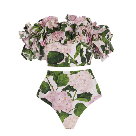 Damen Einteiler Badeanzug mit voluminösen Rüschendetails und floralem Design EB