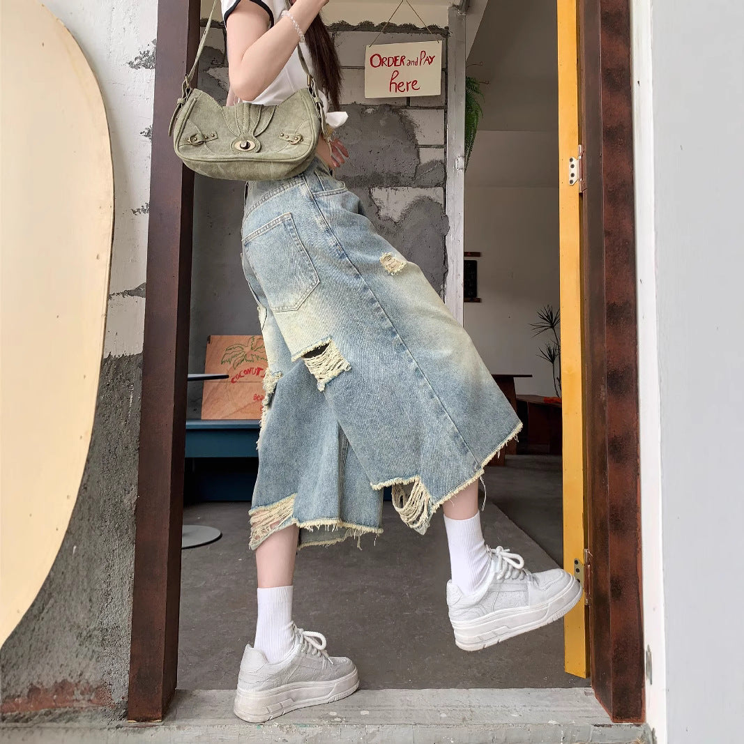Damen Weite Denim-Culotte mit modischen Rissdetails und lässigem Schnitt EB
