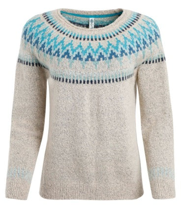 Damen nan melierter Rundhalsausschnittpullover mit kreisförmigem Jacquard-Yoke und geripptem Saum EB