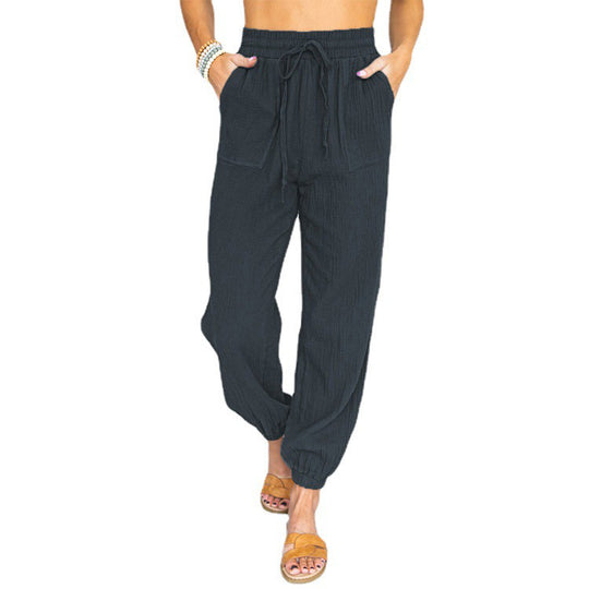 Damen nan leichte Leinenoptik Freizeit-Hose mit hohem elastischem Bund, Kordelzug, aufgesetzten Taschen und elastischen Knöchelbündchen EB