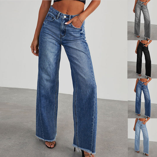 Damen Weitgeschnittene Jeans mit fransigen Säumen EB