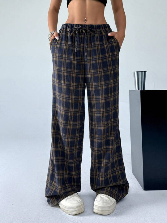 Damen lässige Karohose mit elastischem Bund und Kordelzug EB
