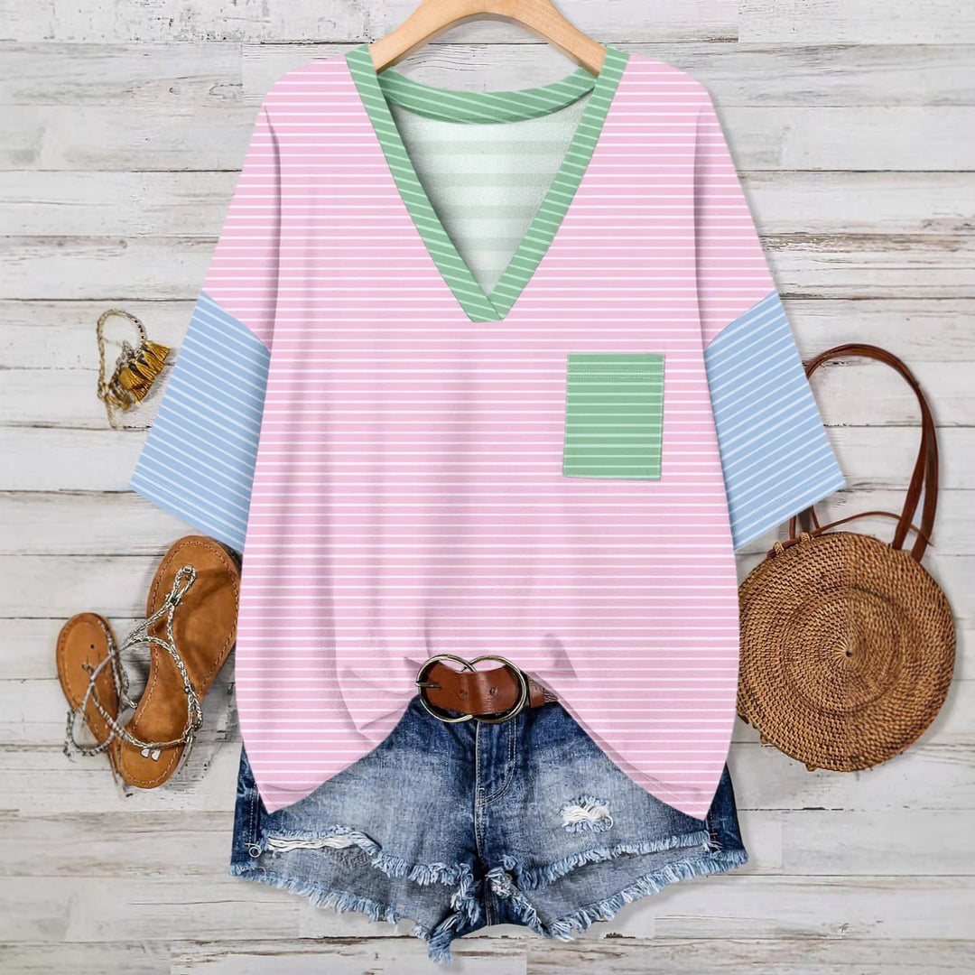 Damen lässiges V-Neck T-Shirt mit Streifen-Design EB