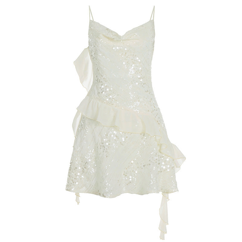 Damen Glänzendes Cocktailkleid mit Rüschendetails und Spaghettiträgern EB