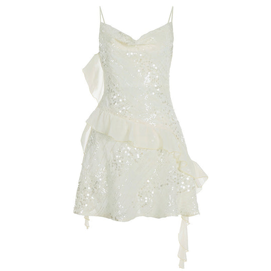Damen Glänzendes Cocktailkleid mit Rüschendetails und Spaghettiträgern EB