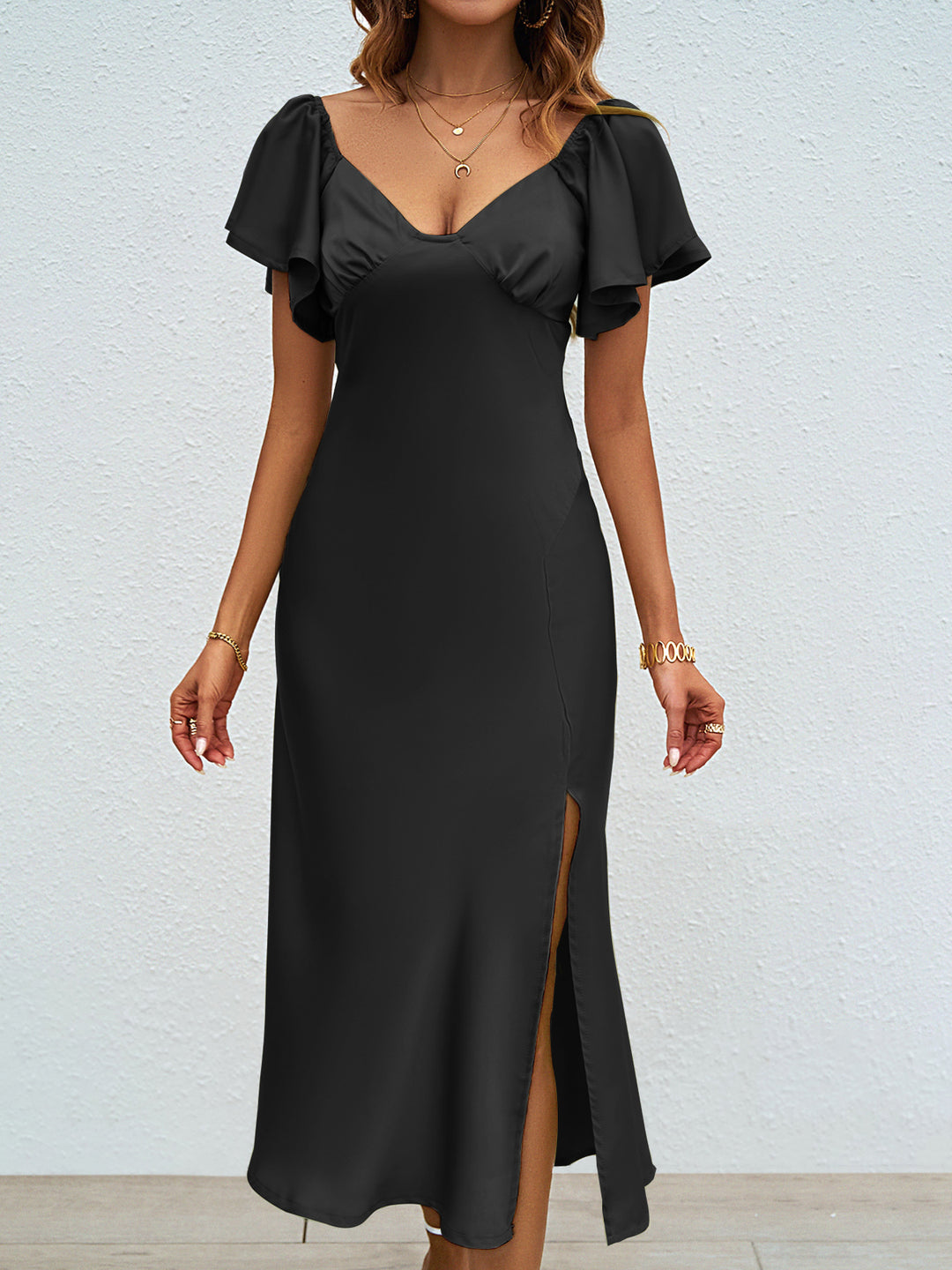 Damen Maxikleid mit eleganten Puffärmeln und seitlichem Schlitz EB