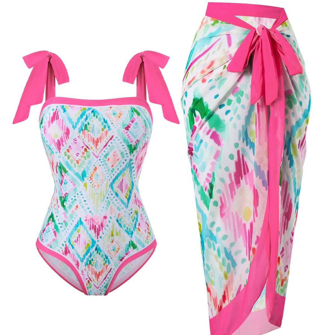 Damen Badeanzug mit floralem Design und transparentem Wickelrock EB