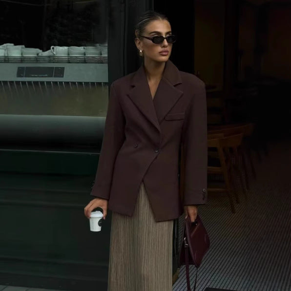 Damen elegante Oversized-Blazerjacke mit doppelter Knopfleiste und Taschen EB