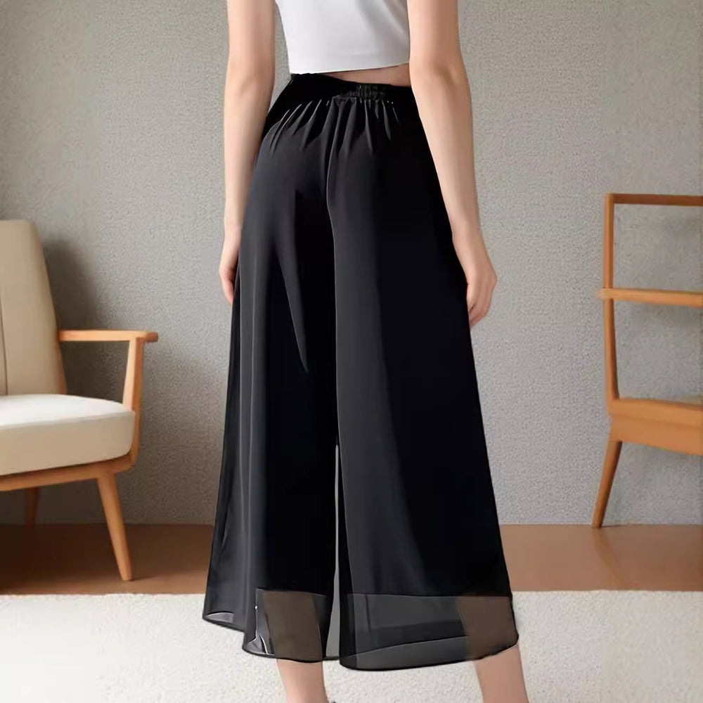 Damen Weit geschnittene Chiffon-Hose mit elastischem Taillenbund und hohen Seitentaschen EB
