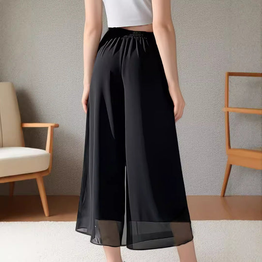 Damen Weit geschnittene Chiffon-Hose mit elastischem Taillenbund und hohen Seitentaschen EB