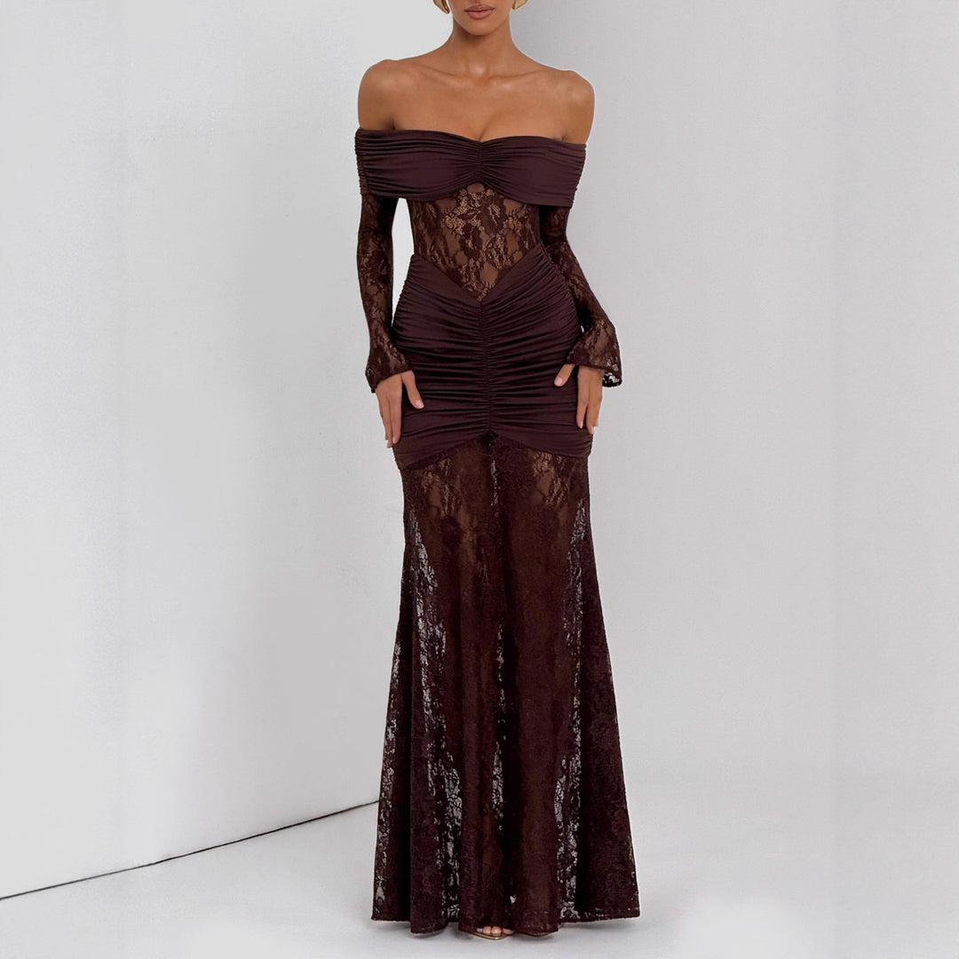 Damen Elegantes Spitzen-Maxikleid mit elegantem Off-Shoulder Design und Raffungen EB