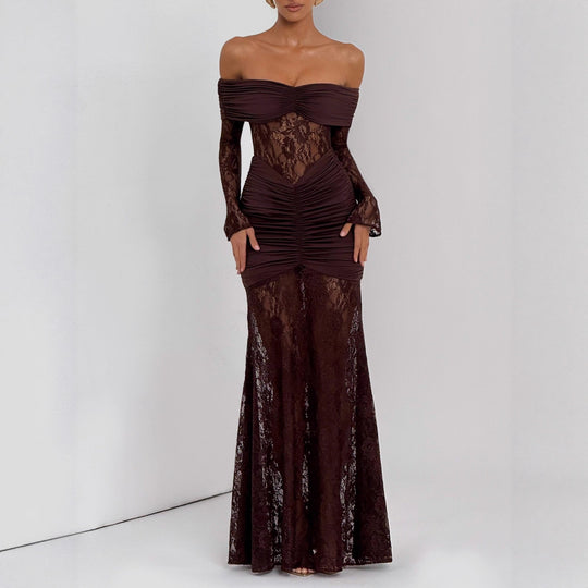 Damen Elegantes Spitzen-Maxikleid mit elegantem Off-Shoulder Design und Raffungen EB