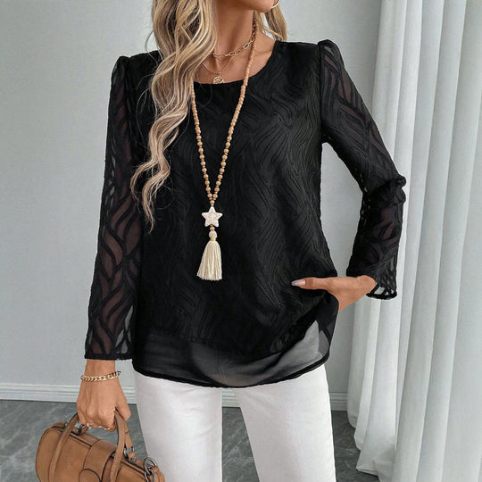 Damen Elegantes Transparente Bluse mit Wellenmuster EB