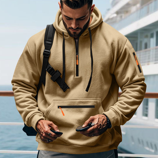 Herren nan technischer Halbzip-Outdoor-Hoodie mit verdeckter Kängurutasche, Reißverschluss-Ärmeltasche und integriertem Kabelkanal EB