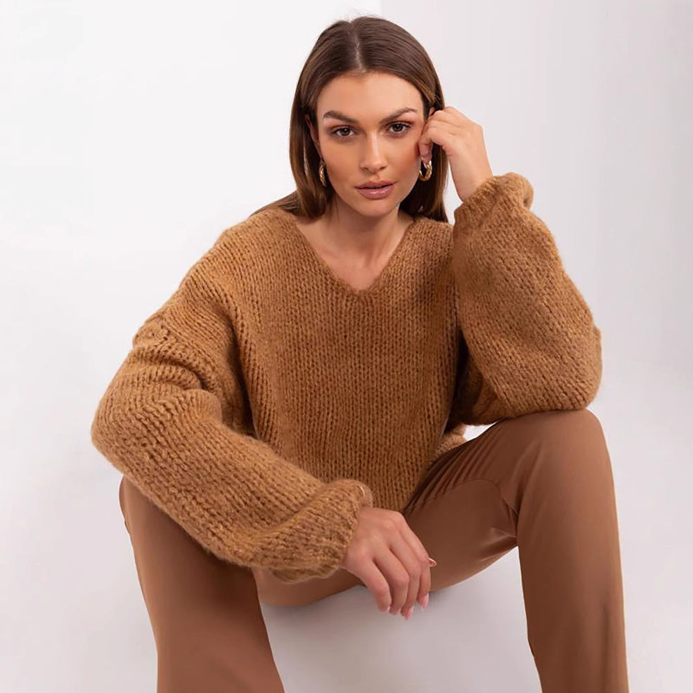 Damen gemütlicher Oversize-Strickpullover mit voluminösen Ärmeln und strukturiertem Design EB