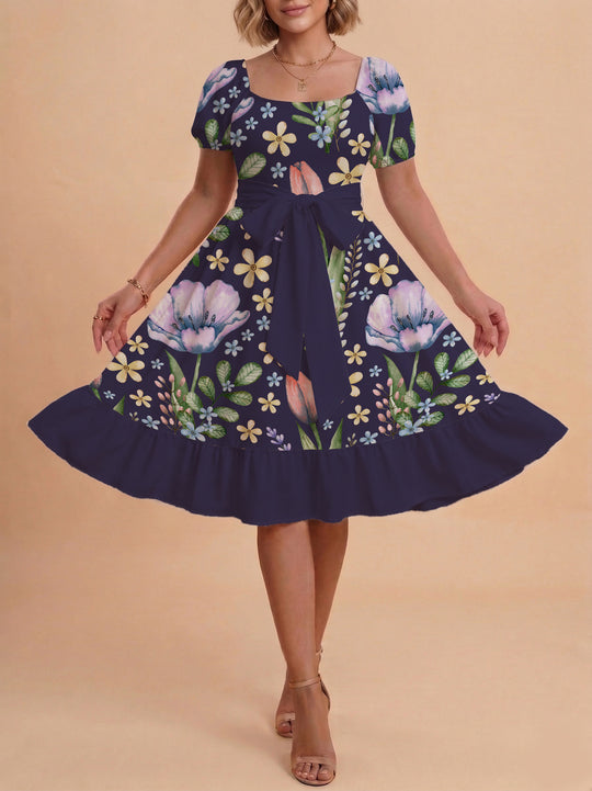 Damen Blumenkleid mit taillierbarem Gürtel und voluminösen Ärmeln EB