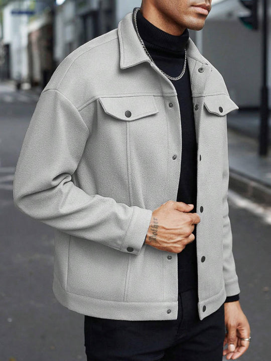Herren nan Wolloptik-Overshirt Jacke im Shacket-Stil mit Brustklappen und Druckknopfleiste EB