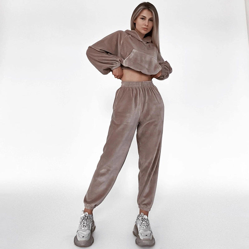 Damen Samt-Cropped-Loungewear-Set mit Kapuzenpullover und elastischer High-Waist-Jogginghose EB