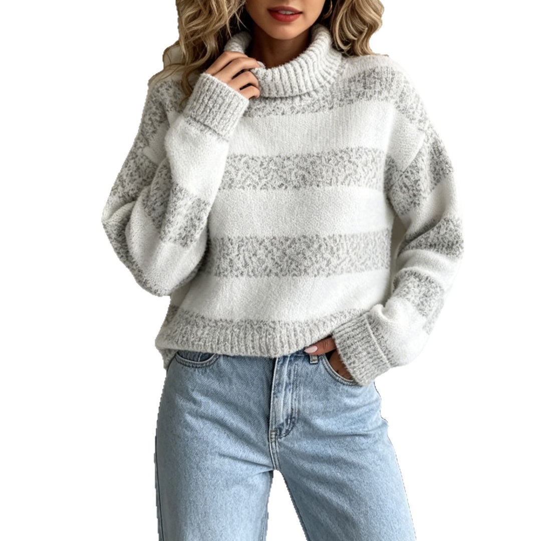 Damen Rollkragenpullover mit breiten Streifen und strukturiertem Bouclé-Strick EB