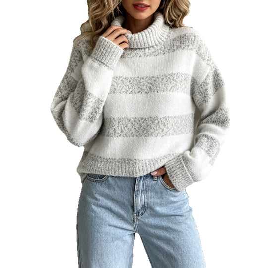 Damen Rollkragenpullover mit breiten Streifen und strukturiertem Bouclé-Strick EB