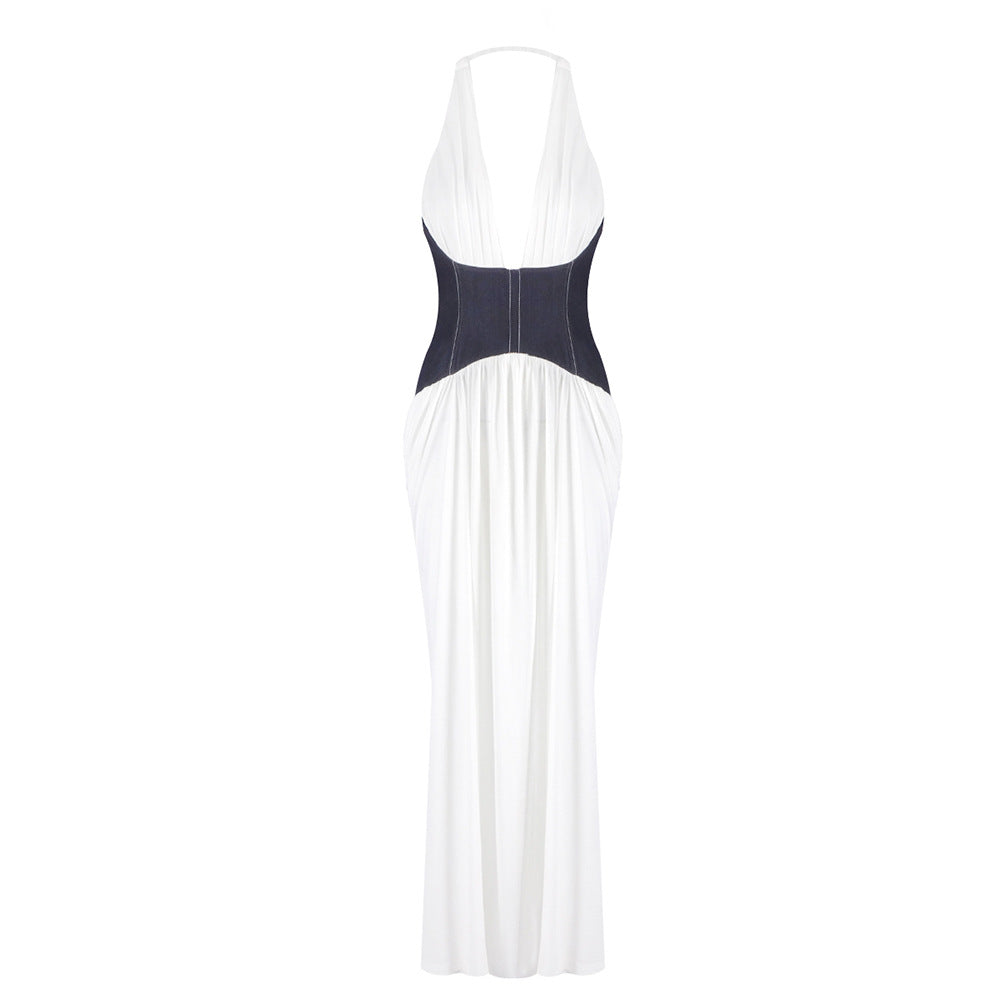 Damen Elegantes Maxi-Kleid mit tiefem V-Ausschnitt und taillierter Taille EB