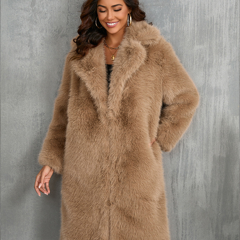 Damen Eleganter Kunstpelzmantel mit breitem Revers und lockerem Schnitt EB