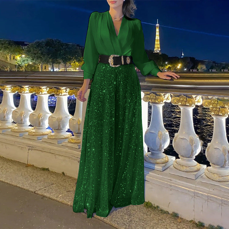 Damen Glamouröses Abendkleid mit schimmerndem Oberteil und weiten Rock EB
