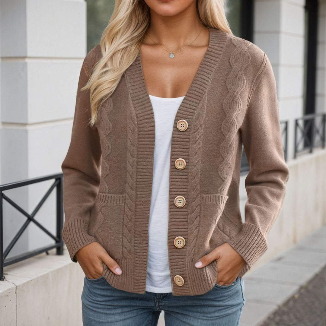 Damen nan längerer Strickcardigan mit Kabelstruktur, V-Ausschnitt und Holzknopfleiste EB