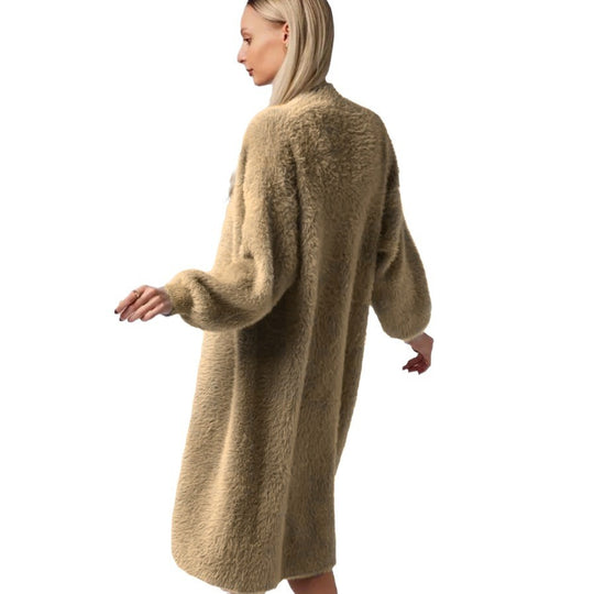 Damen Flauschiger Langstrickmantel mit seitlichem Schlitz und lockerer Passform EB