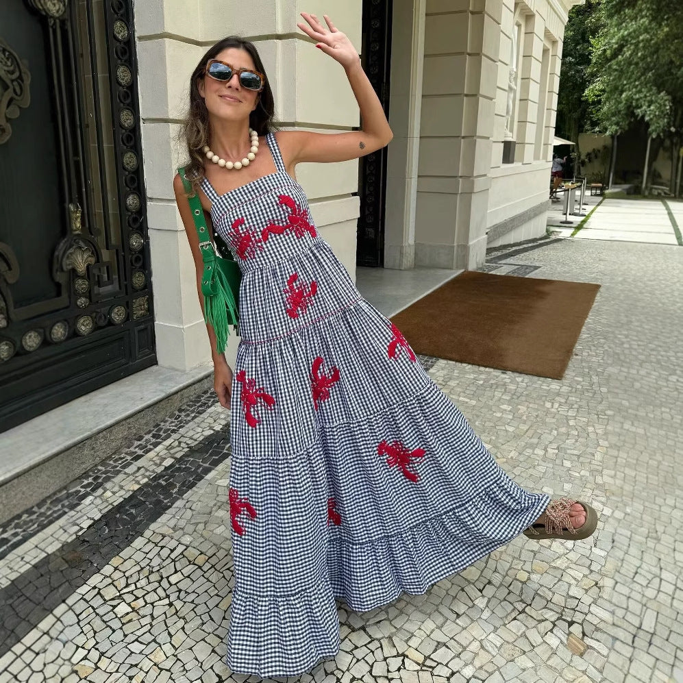 Damen Maxikleid mit Karo-Muster und lebhaften gestickten Krabbenmotiven EB