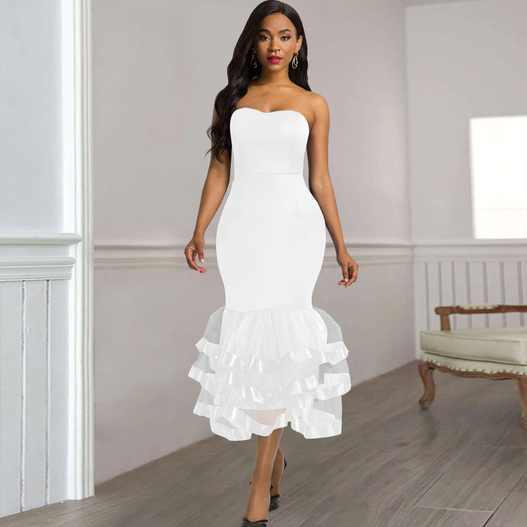 Damen Strapless Kleid mit voluminösem Rüschenrock EB
