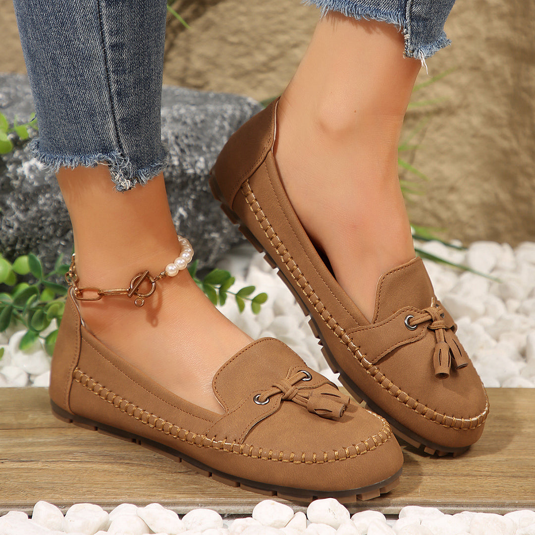 Damen  klassische Mokassin-Slipper mit Quasten, handgenähter Rahmennaht und rutschfester Gummisohle EB