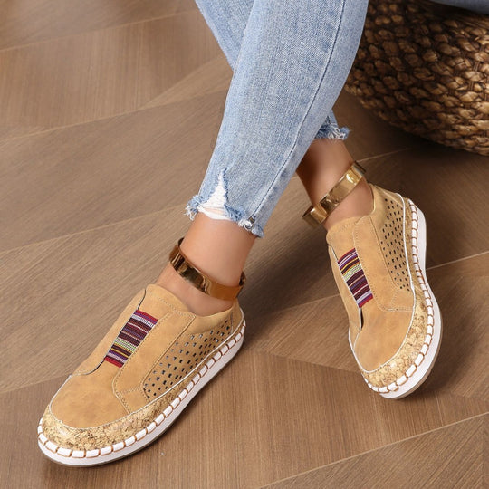 Damen luftige Slip-On Sneakers mit Kunstleder und Korksohle EB