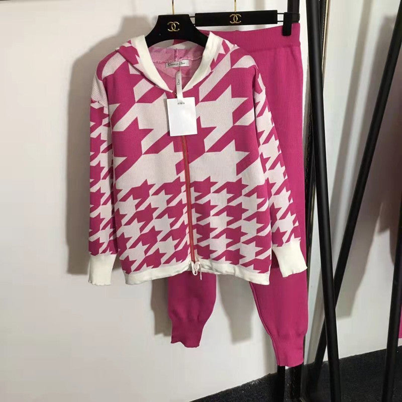 Damen modisches Strick-Loungewear-Set mit auffälligem Hahnentrittmuster EB