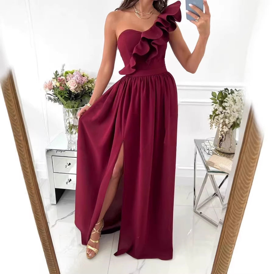 Damen Maxikleid mit asymmetrischem Schnitt und voluminösem Rüschendetail EB