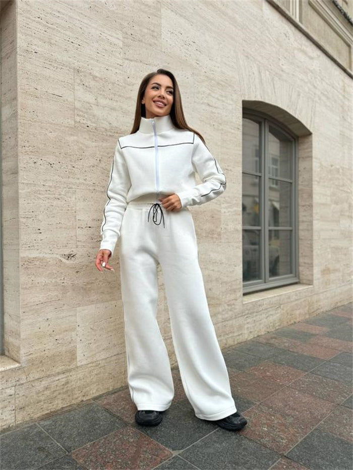 Damen Zweiteiliges Jogginganzug-Set mit Stehkragen, Kontrastpaspel und weitem Bein EB
