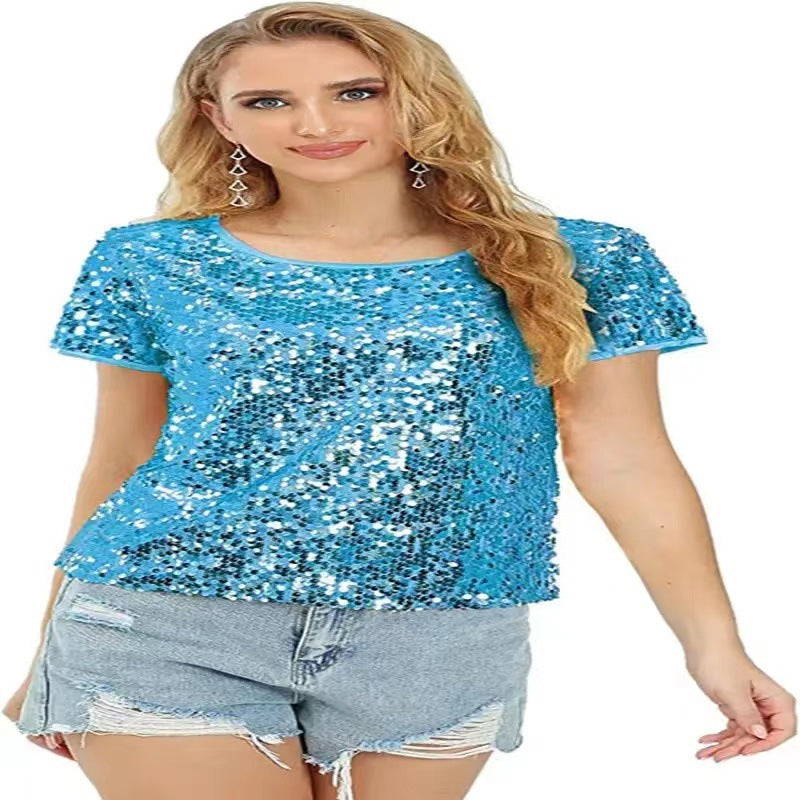 Damen Glitzerndes Pailletten T-Shirt mit lässigem Schnitt und komfortablem Baumwollmaterial EB