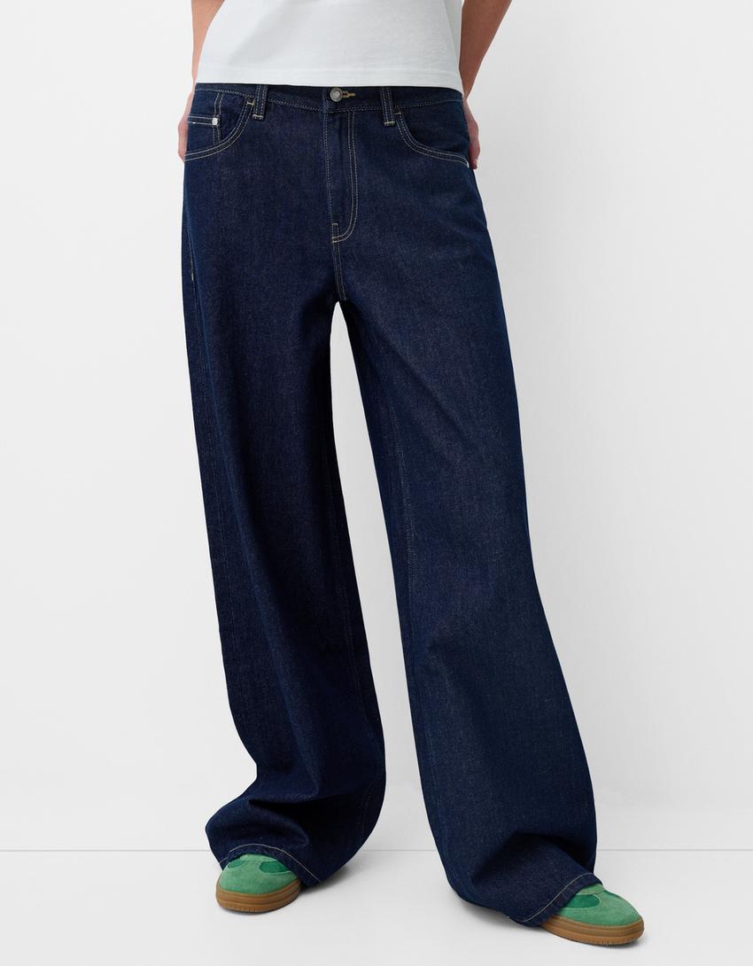 Damen nan ultraweite bodenlange Denim-Palazzohose mit cleanem Taschen-Schnitt und leichter Stretchwirkung EB